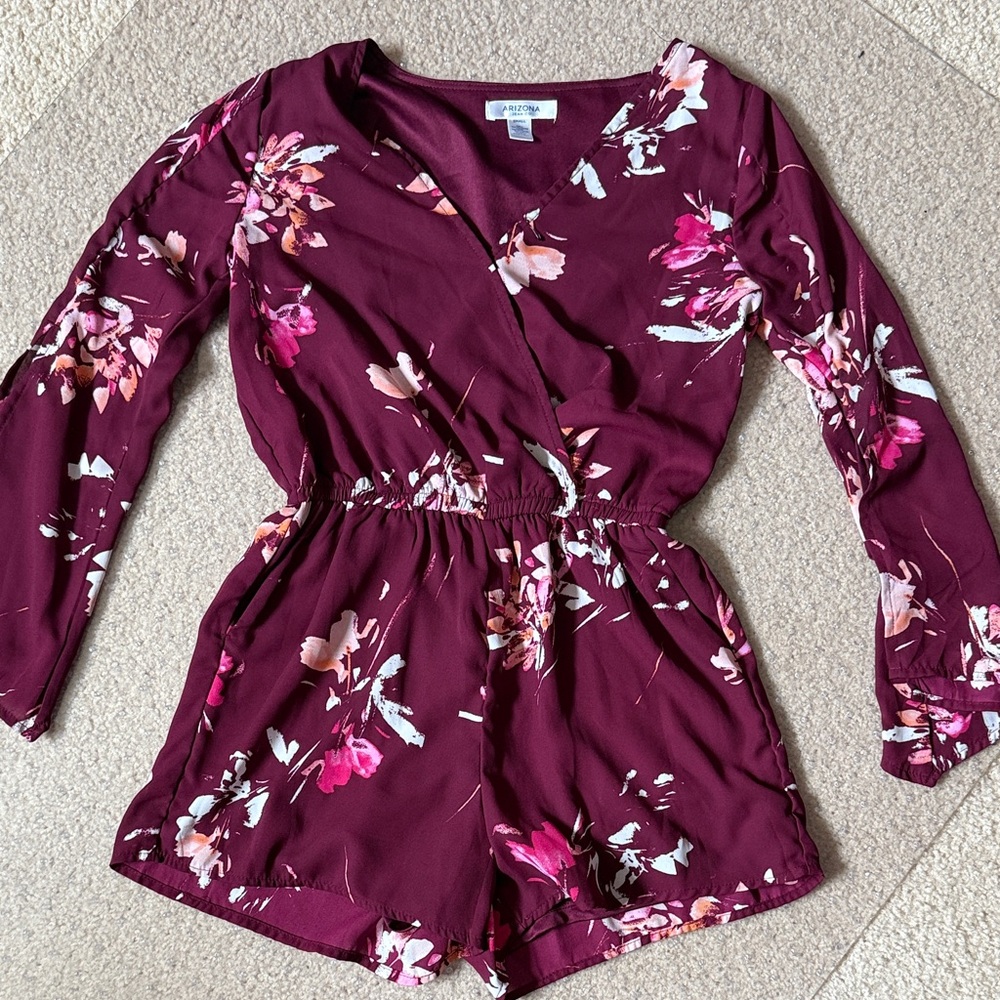 Arizona Jean Company Burgundy Floral Romper - Picture 1 of 7